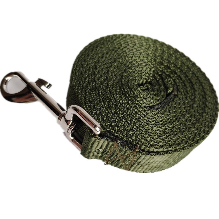 Green nylon dog rope leash coiled with silver metal snap clip for walking and training