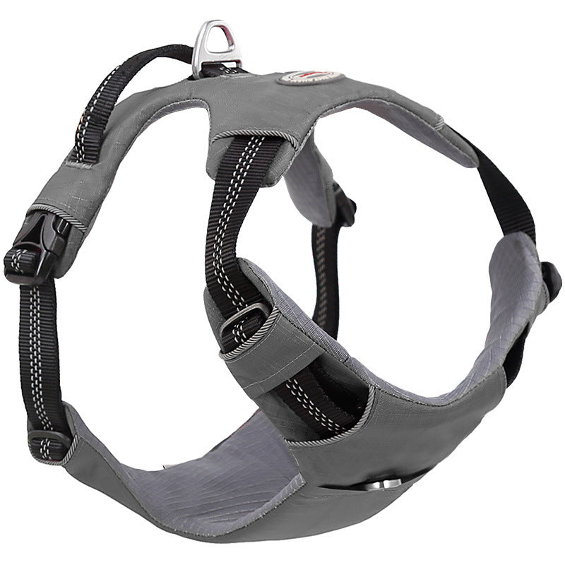 Gray no-pull dog vest harness with reflective trim, top D-ring, and quick-release buckles for secure walks
