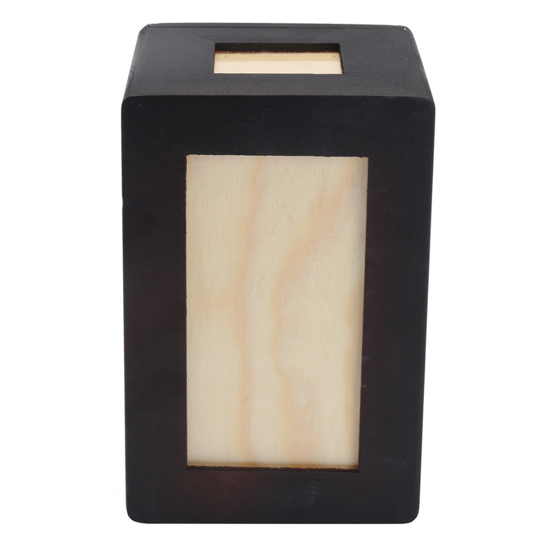 Black wooden pet urn box with natural wood panel front, memorial keepsake for dogs cats and small animals