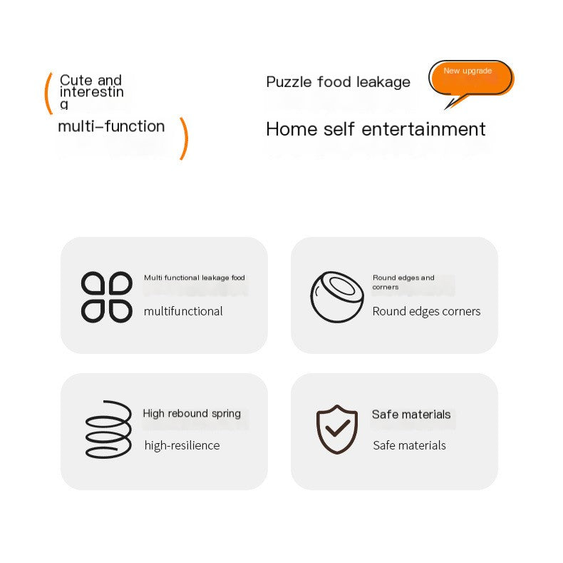 Cat wobble toy feature icons showing multifunctional treat leakage, round edges, high-resilience spring, and safe materials