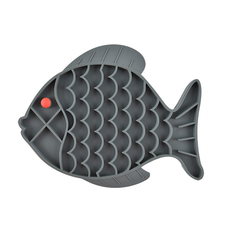 Grey fish-shaped silicone lick mat for dogs and cats, suction cup base, slow feeder pet bowl