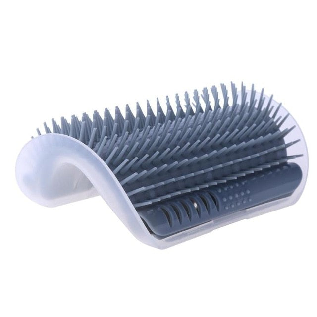 Pet grooming brush with blue bristles on a white background