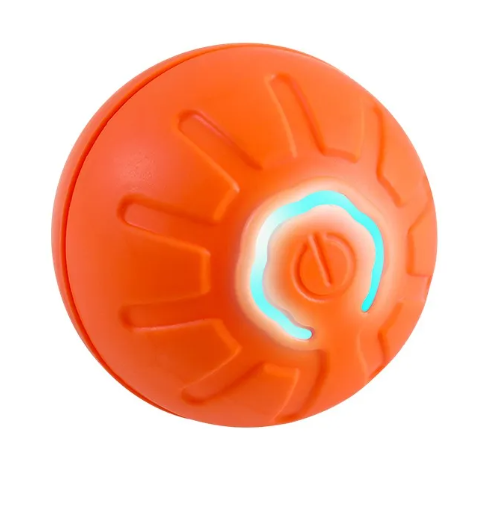 Orange ball with a central logo and blue accents on a white background