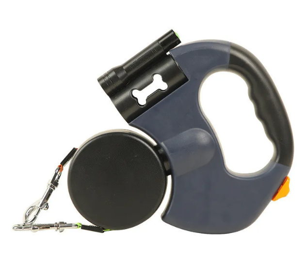 Retractable blue and black dog leash with flashlight and clip on a white background