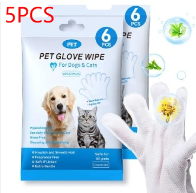 Pet glove wipes packaging with a white glove and images of a dog and cat on a blue background.