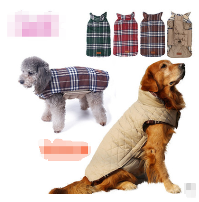 Reversible plaid dog jacket shown in multiple colors on a poodle and golden retriever, waterproof quilted vest for small and large dogs
