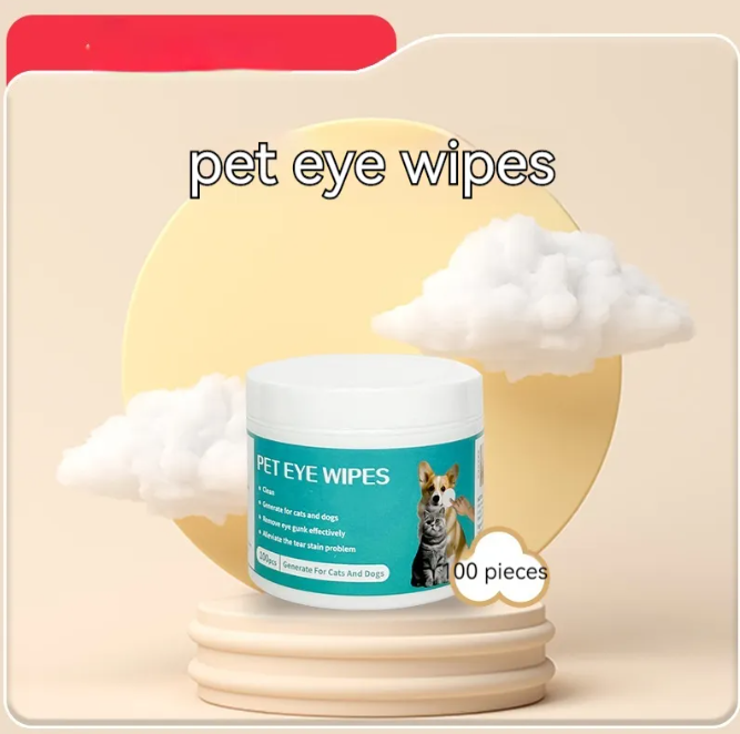 Pet eye wipes container with packaging on a beige background