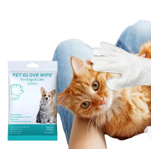 Pet glove wipe packaging with a cat and gloved hand on a white background
