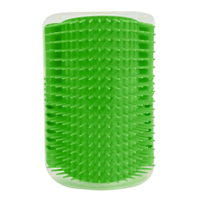 Green grooming brush with a white handle on a white background