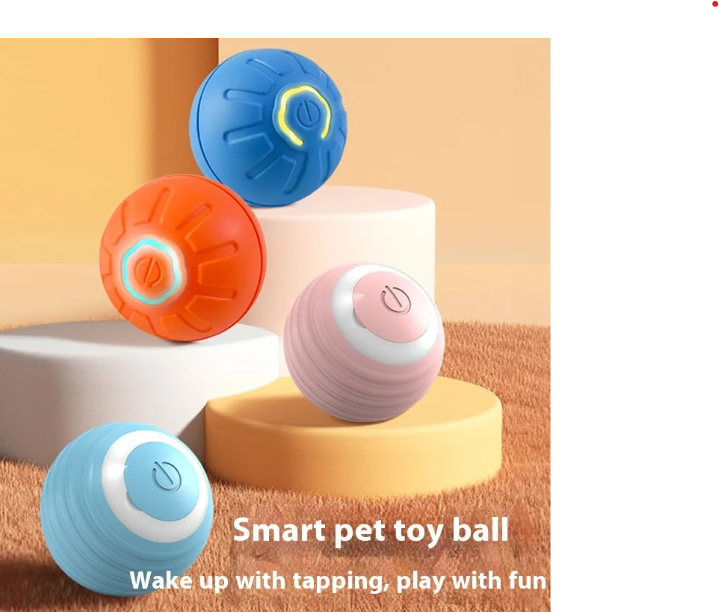 Smart pet toy balls with colorful designs on a brown and neutral background