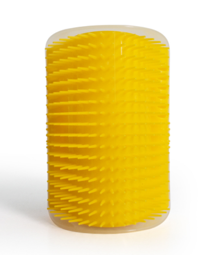 Yellow cylindrical object with textured surface on a white background