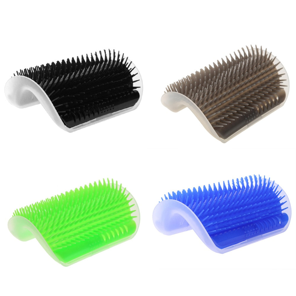 Four grooming brushes in black, brown, green, and blue on a white background