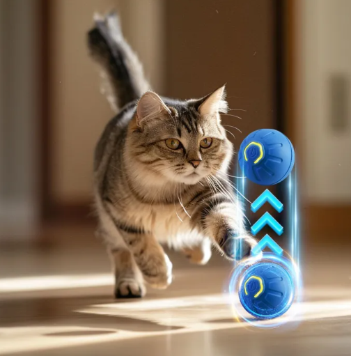 Cat playing with a glowing blue and purple toy on a wooden floor.