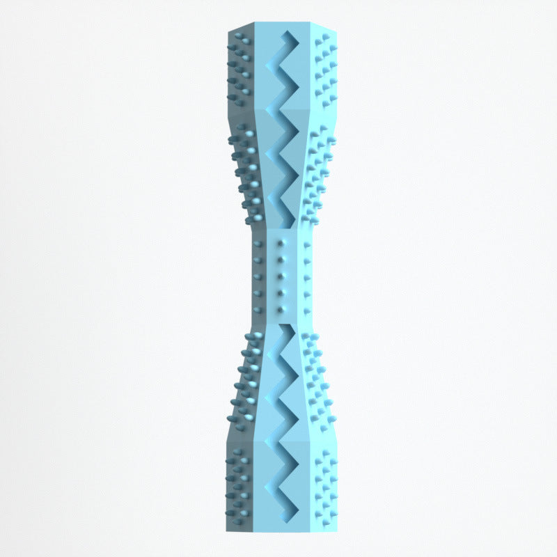 Blue TPR dog chewing toy and toothbrush with zigzag bristles and nubs, 2-in-1 dental teeth cleaning chew