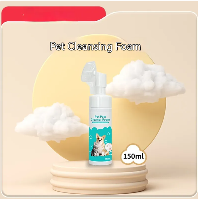 Pet cleansing foam bottle with packaging design on a beige background