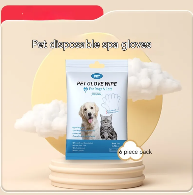 Pet disposable spa gloves packaging with a dog and cat illustration on a beige background
