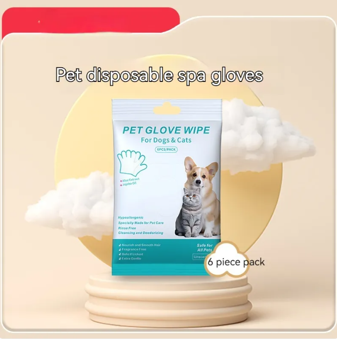 Pet disposable spa gloves packaging with a dog and cat illustration on a beige background