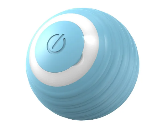 Blue and white spherical device with a power symbol on a white background