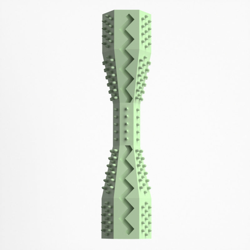 Green TPR dog chewing toy and toothbrush with zigzag bristles and nubs, 2-in-1 dental teeth cleaning chew