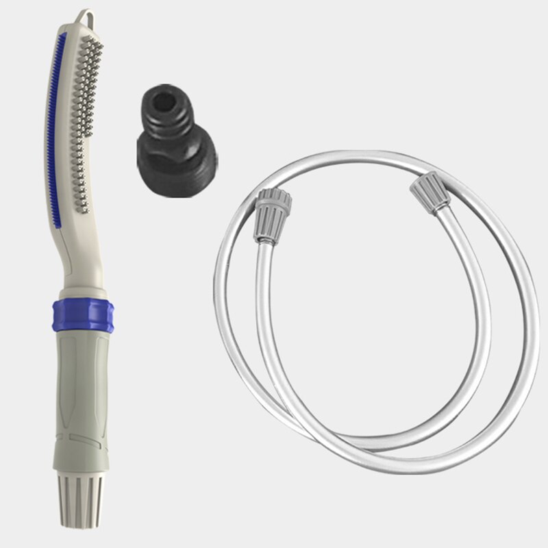 Cleaning tool with brush head, hose, and nozzle on a light gray background