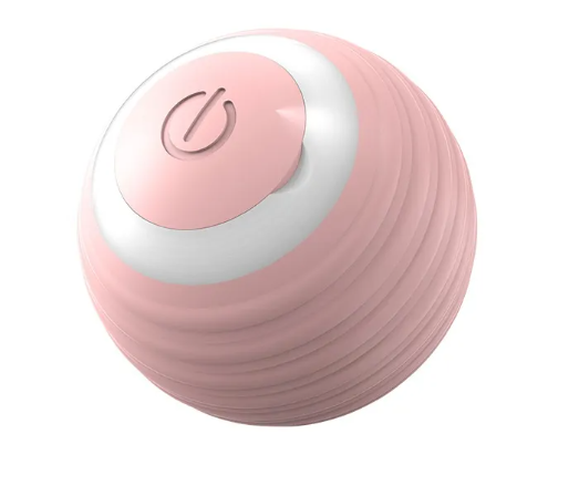 Pink and white spherical device with a power symbol on a white background