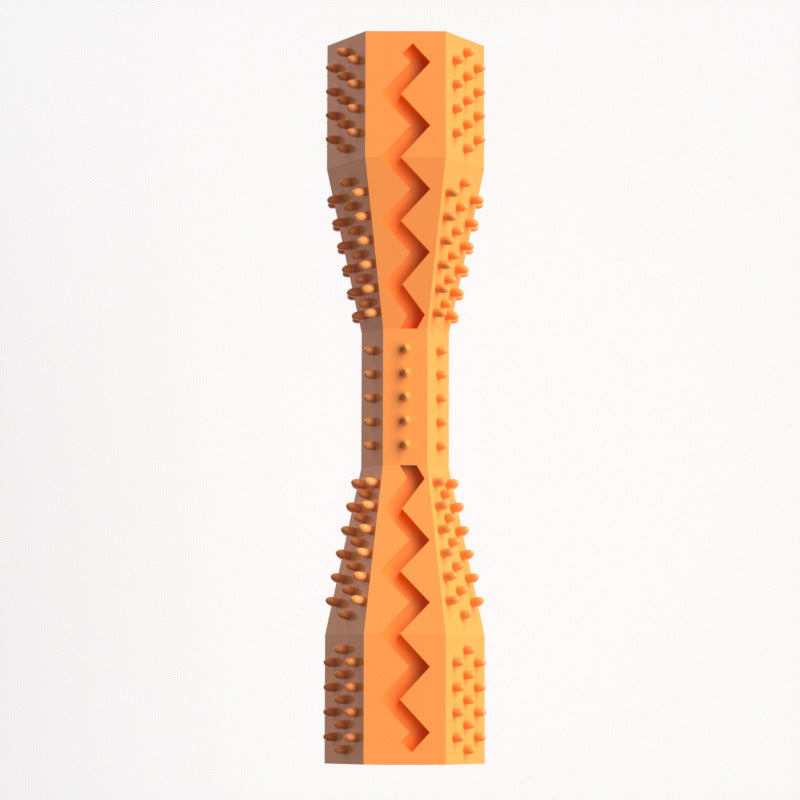 Orange TPR dog chewing toy and toothbrush with zigzag bristles and nubs, 2-in-1 dental teeth cleaning chew