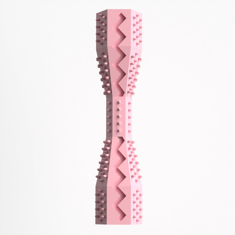 Pink TPR dog chewing toy and toothbrush with zigzag bristles and nubs, 2-in-1 dental teeth cleaning chew