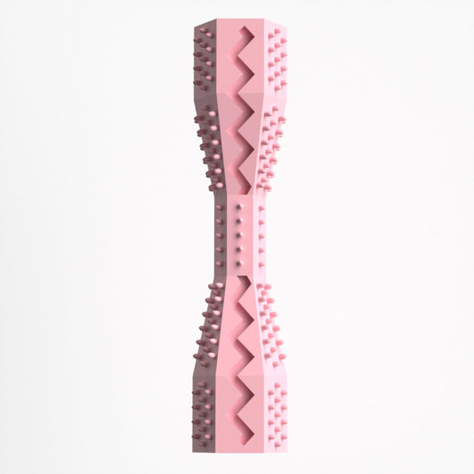 Pink TPR dog chewing toy and toothbrush with zigzag bristles and nubs, 2-in-1 dental teeth cleaning chew