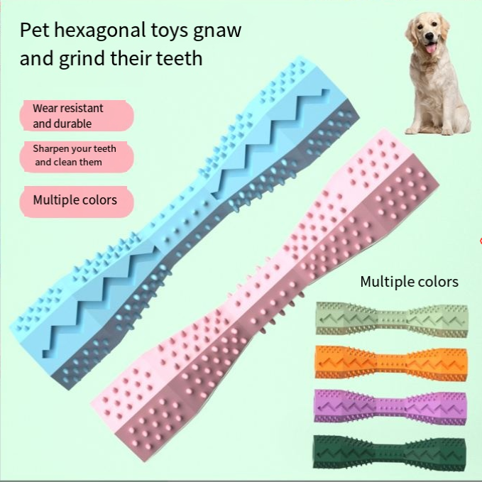 Blue and pink TPR dog chewing toy toothbrush set, hexagonal dental chew in 6 colors for teeth cleaning